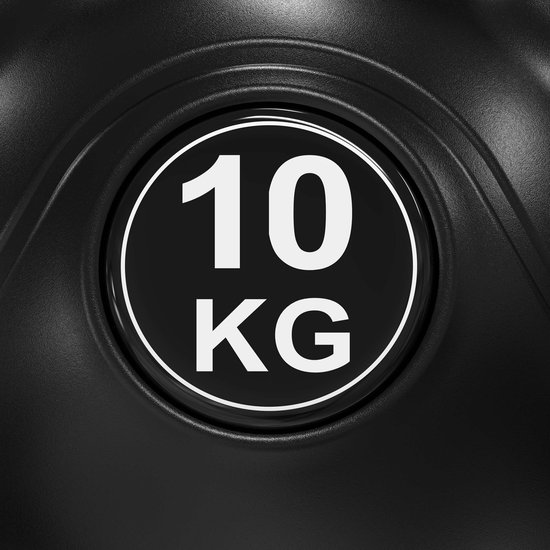 Close-up van de markering '10 KG' op een zwarte kettlebell.