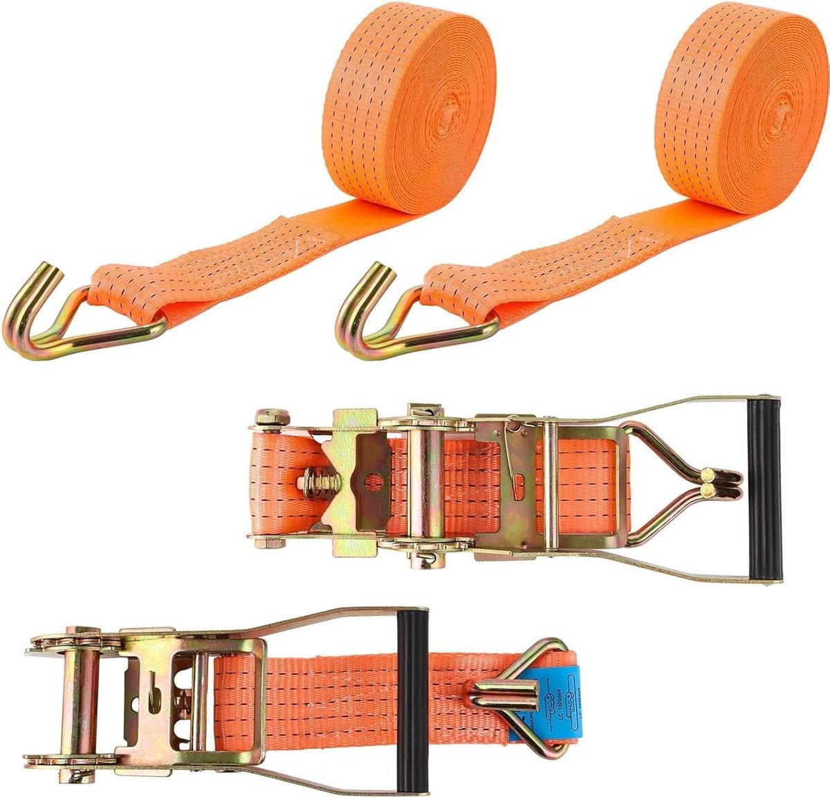 2 Sets van 3000 kg Ratchet Belt - 8 m x 50 mm Spanband met Polyester Haak, Ladingstraps met Ratchet Spanner voor Trailer, Motor en Auto, Oranje Kleur