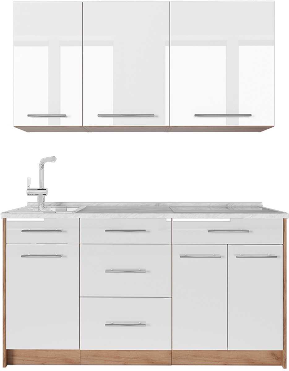 Vicco Eenpersoonskeuken Fame-Line, Wit Hoogglans/Goudkleurig Eiken, 150 cm, WB Marmer