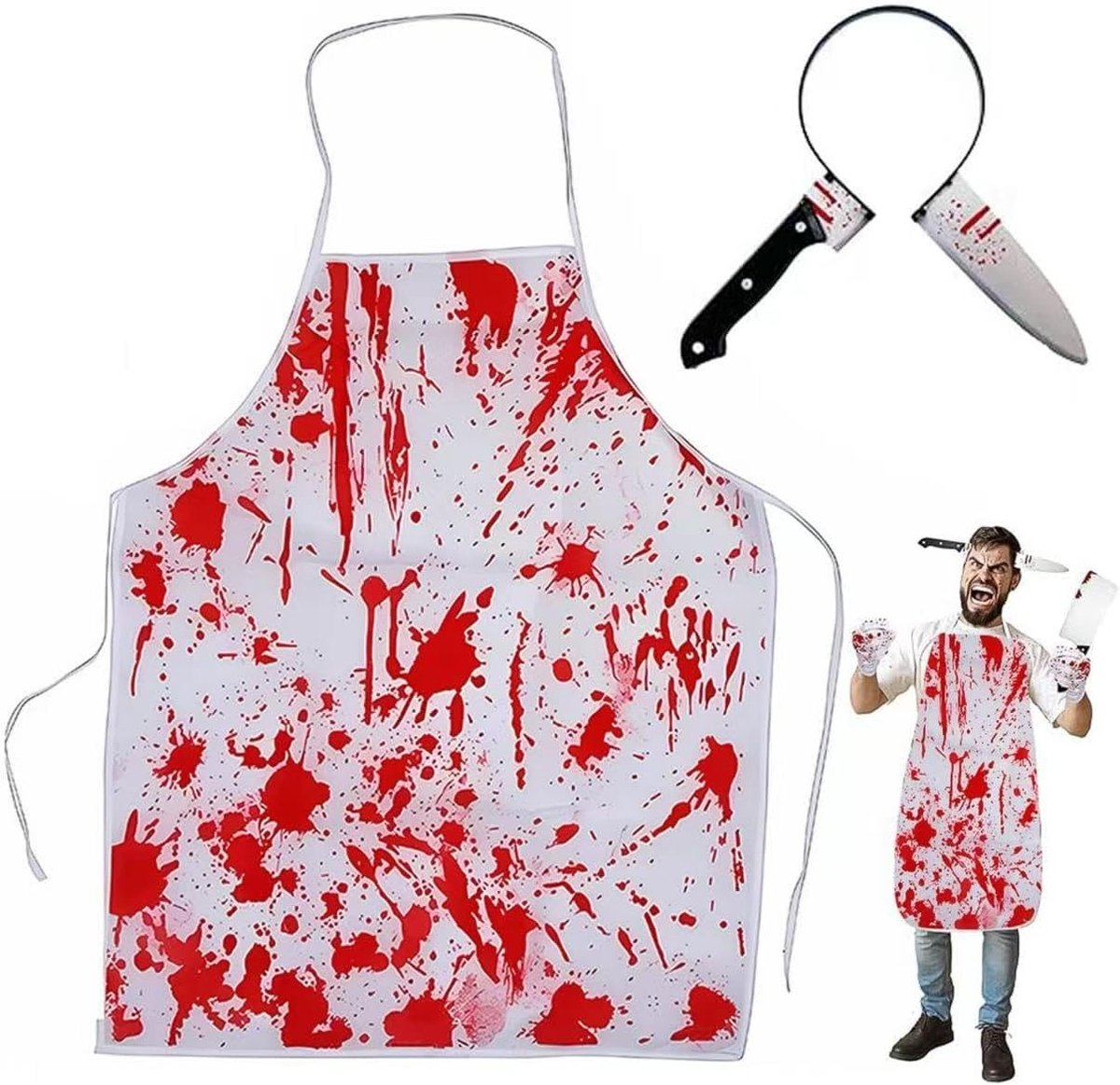 Horror Schort voor Volwassenen met Bloed Effect, Perfect voor Halloween Feest en Decoratie, Inclusief Mes en Hoofdband