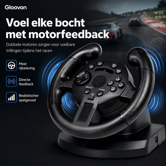 Gloovon® - Racestuur en Pedalen - Racestuur PS3 - Racestuur Standaard - Driving Force - Gaming Stuurwiel PC - Geschikt voor PS3, PC (D-Input), Xbox 360 / One, Steam en PC (XInput) - Zwart van Merkloos — afbeelding 2