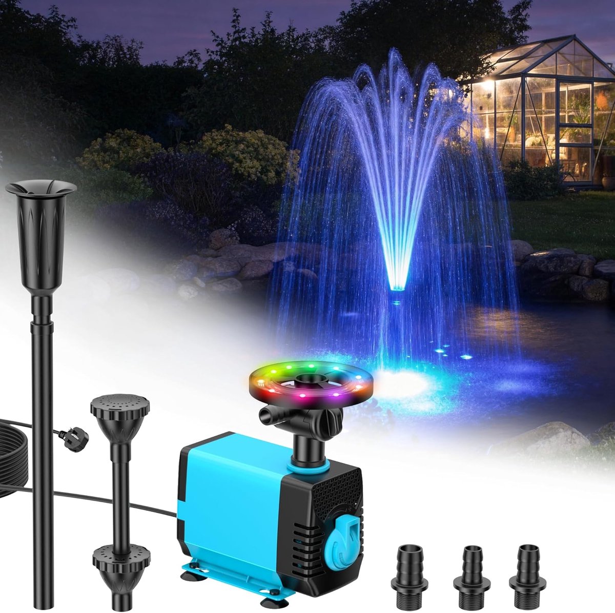 POPOSOAP Vijverfontein met RGB-verlichting - 40W Dompelpomp - 2100 L/u Doorstroming - Verstelbare Hoogte & Waterstroom - Decoratie voor Dag & Nacht - Verbetering Vijverwaterkwaliteit