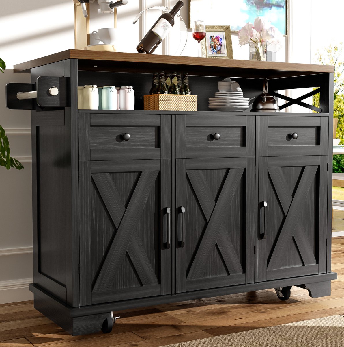 MEUNIQ Keukeneiland 118 x 43-80 x 98 cm met opklapbaar werkblad, 3 lades, kast met deuren, handdoekhouder en wielen, keukenwagen met opbergruimte, zwart