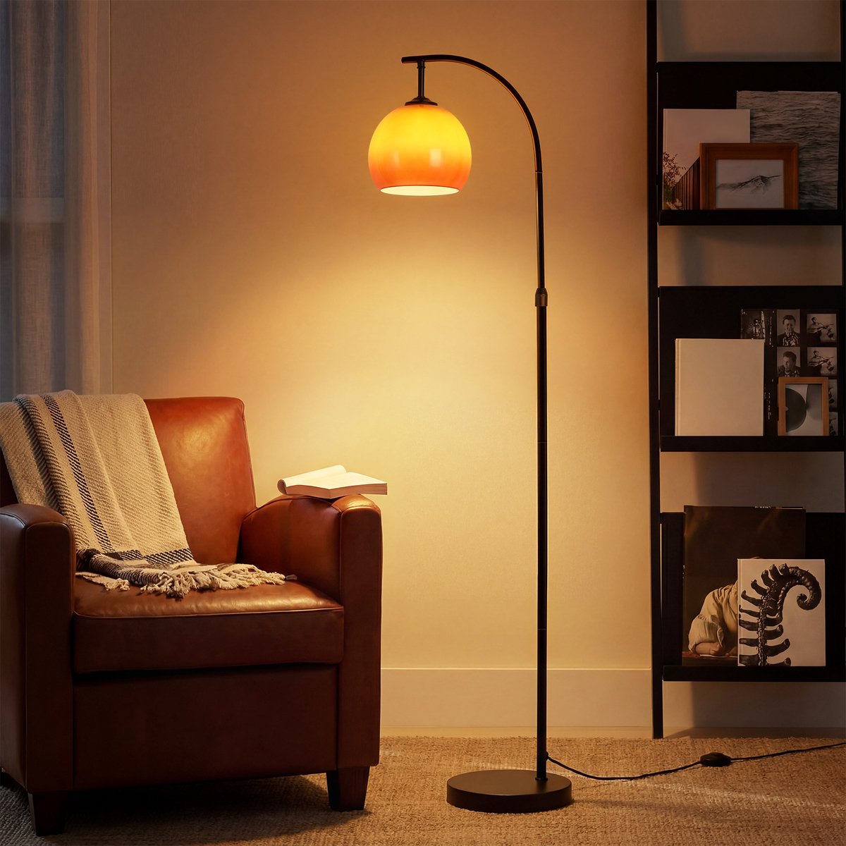 NETTLIFE E27 Boog Vloerlamp - Glazen Lampenkap - Metaal IJzer - Draaibare Arm met Voetschakelaar - voor Woonkamer | Slaapkamer | Studeerkamer- zonder Lichtbron