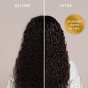 Voor-en-na-foto van lang, krullend donker haar met cirkel die "INCREASES SHINE BY 118%" aangeeft.