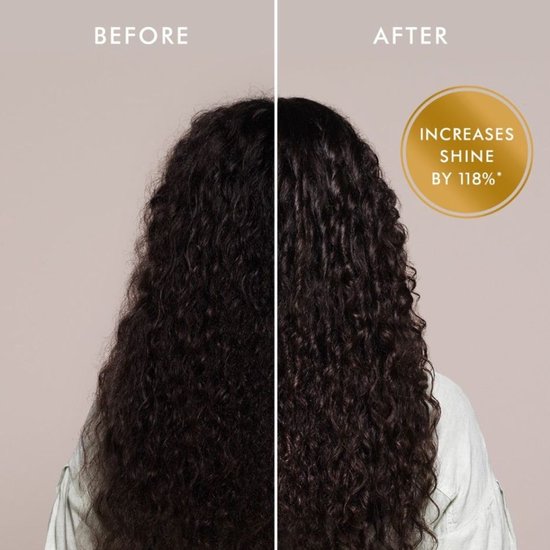 Voor-en-na-foto van lang, krullend donker haar met cirkel die "INCREASES SHINE BY 118%" aangeeft.