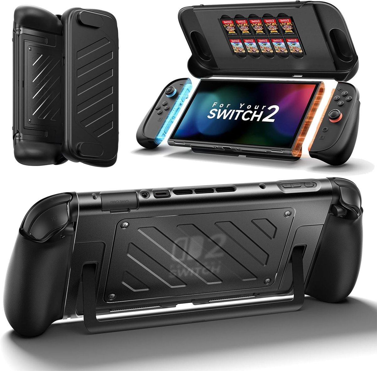 Beschermende hoes voor Nintendo Switch 2, TPU en PC materiaal, ergonomische grip, ruimte voor 10 speelkaarten, schokbestendig en krasbestendig met standaardfunctie
