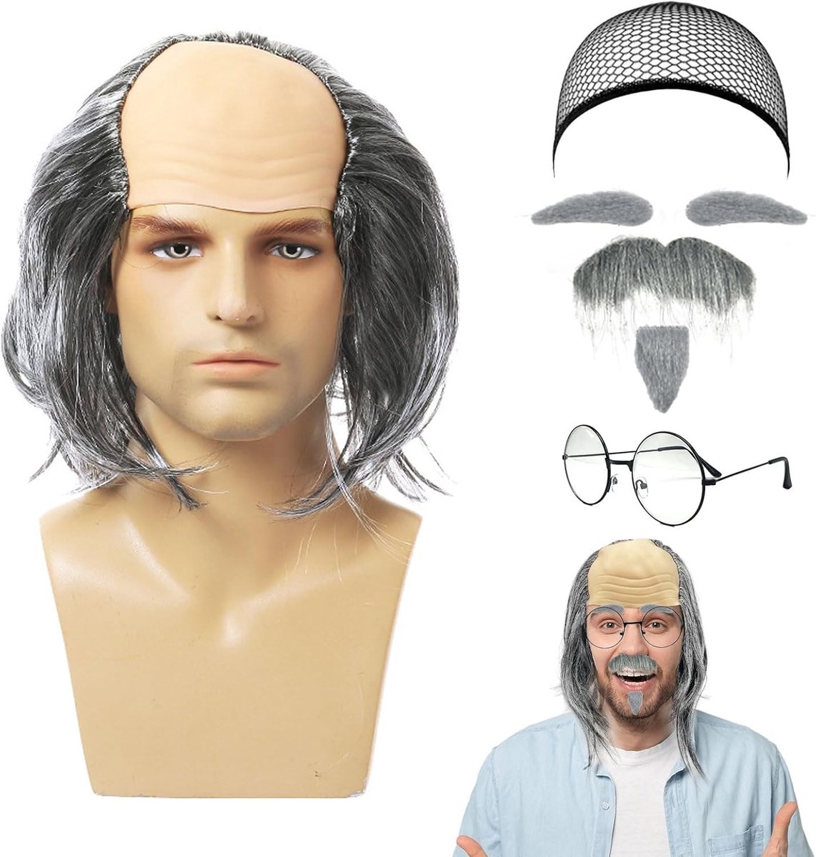 7-delige Half Bald Wig Set voor Oude Man Kostuum met Baard, Nep Snor, Wenkbrauwen en Bril - Perfect voor Feestjes en Verkleedpartijen
