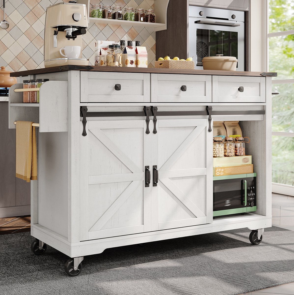 MEUNIQ Keukeneiland 140 x 73 x 94 cm met uitklapbaar werkblad, 5 wielen, 2 schuifdeuren, 3 lades, handdoekhouder en opbergruimte voor keuken, Beige