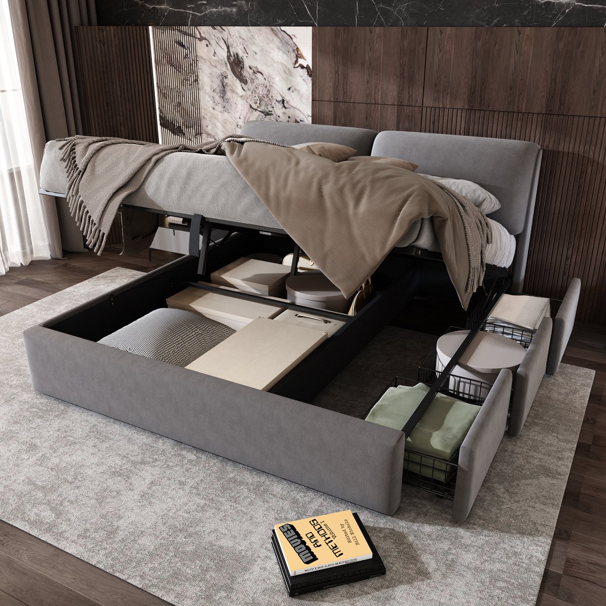 MIVRAY Gestoffeerd Bed 180x200 cm - Tweepersoonsbed Met 3 Laden En Hydraulische Opbergruimte - Zonder Matras - Samtstof - Grijs