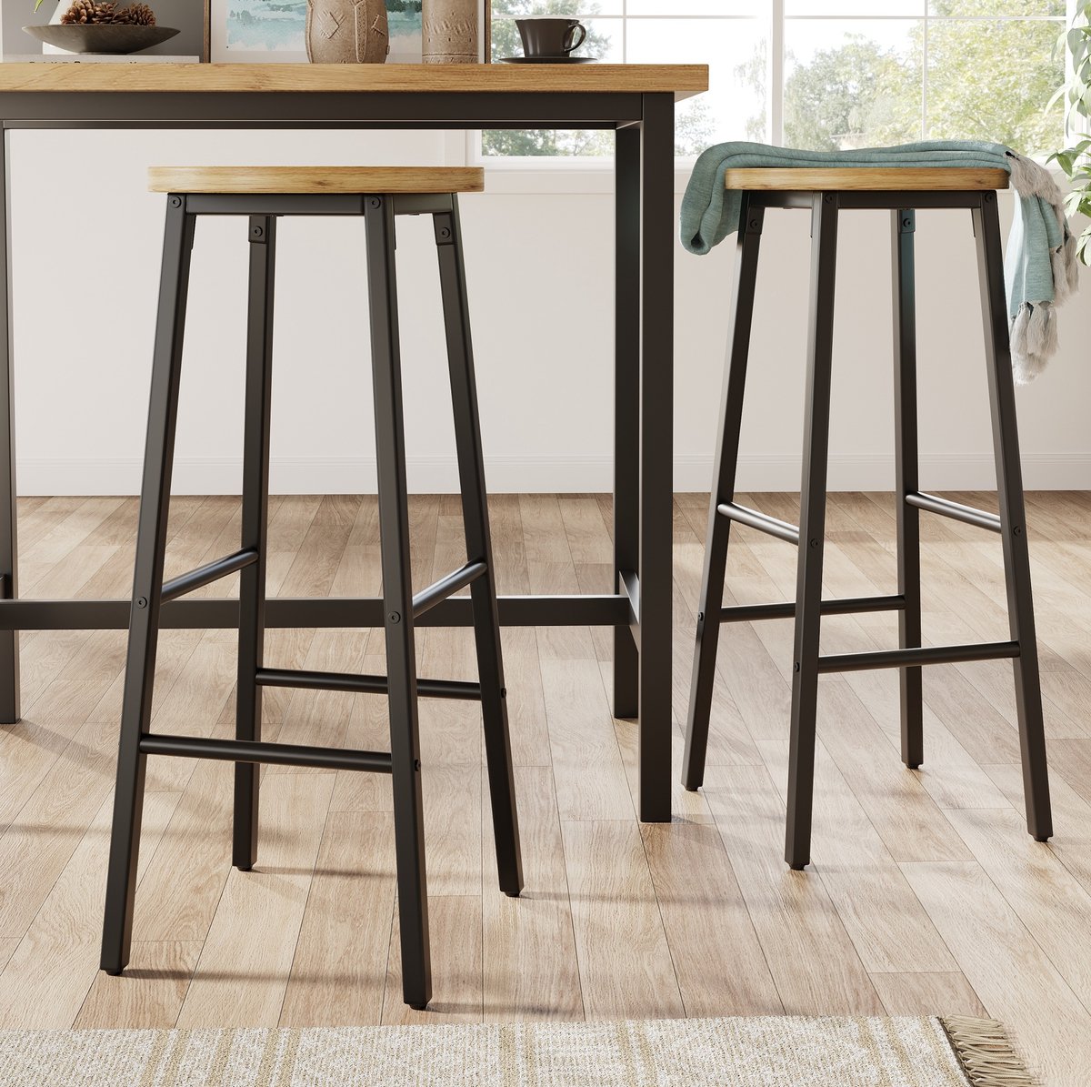 FloraGrace Barkruk 70 Cm - Set Van 2 Met Houtlook Zitting En Dubbele Voetsteunen - Voor Keukeneiland Of Bar - MDF En Metaal - Zwart