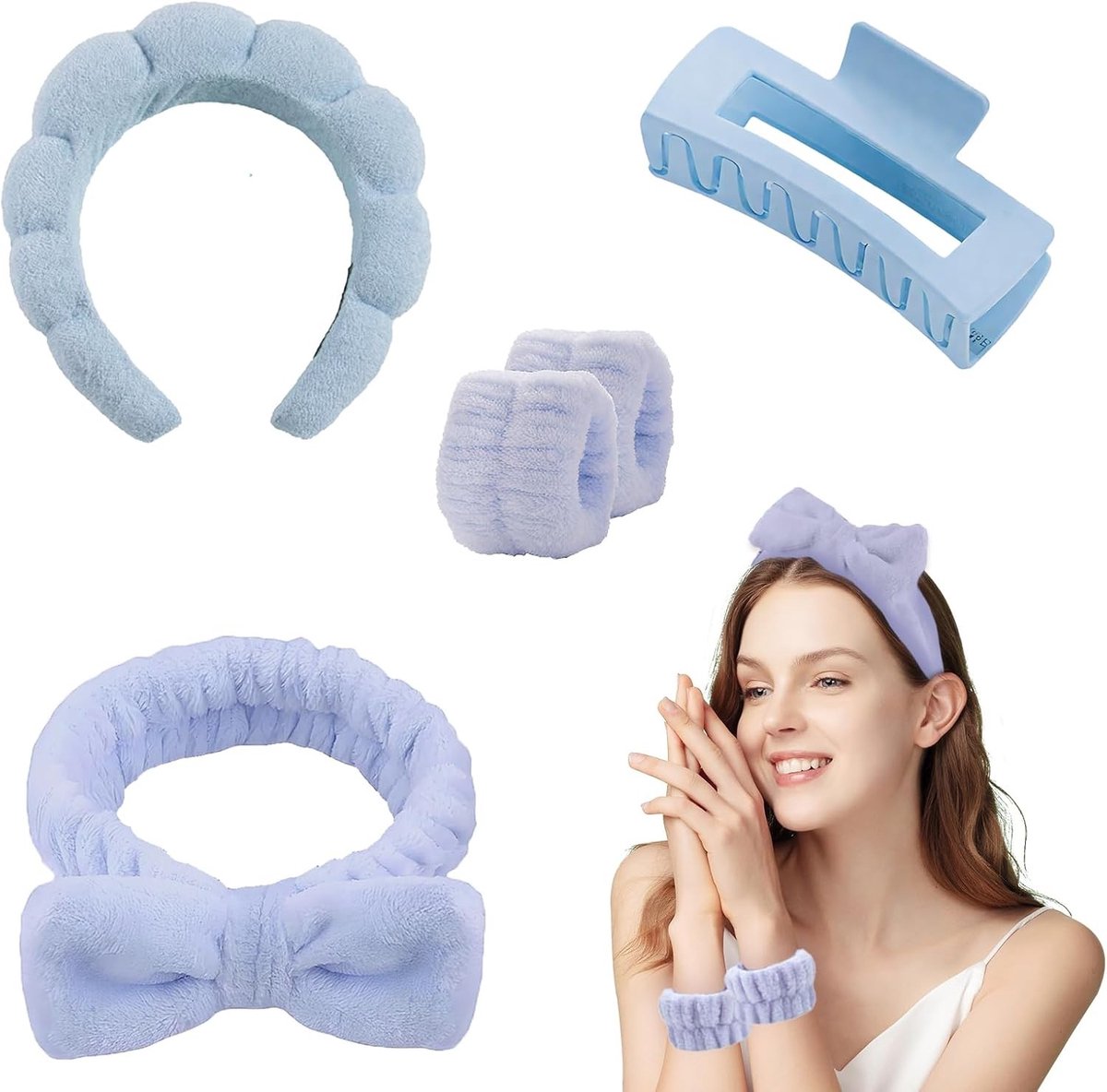 4-delige Make-up Haarband voor Vrouwen - Ideaal voor Schoonheid, Yoga, Sport en Douche (Blauw)