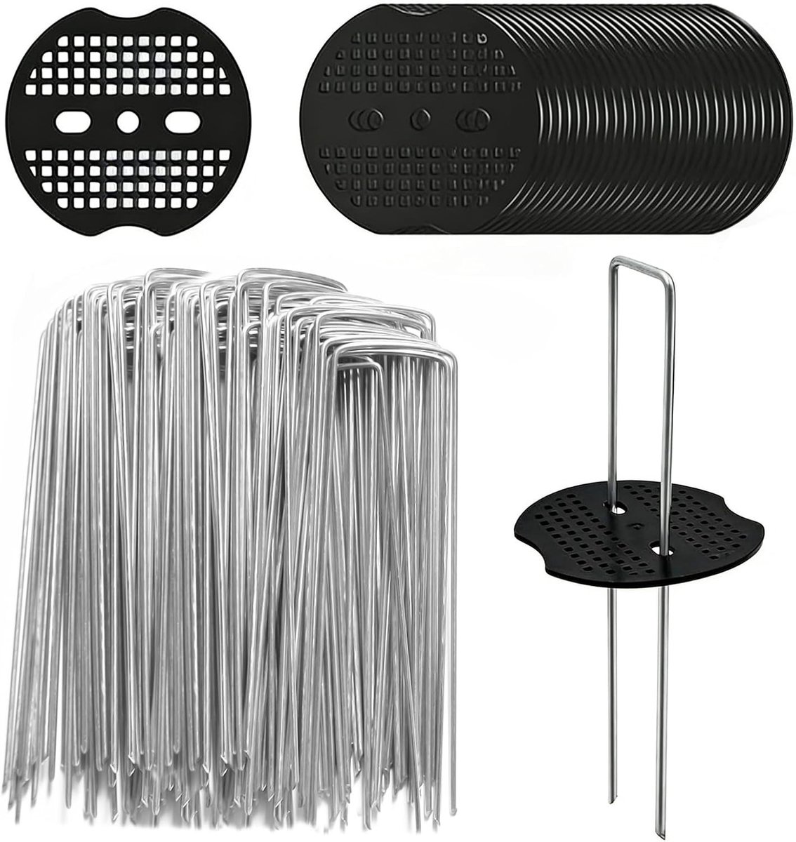 60 stuks onkruidvlies haken, 60 grondankers + 60 buffer discs (150 x 40 mm, diameter 2.5 mm), gegalvaniseerde U-vormige tuinpinnen, set voor onkruidbestrijding, kunstgras en kamperen