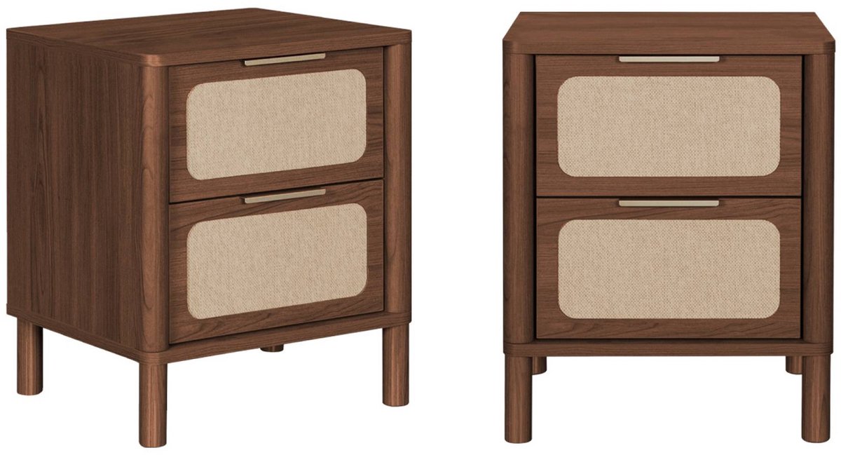 sweeek - Set van 2 vintage nachtkastjes met 2 lades houtdecor en rietwerk - etta