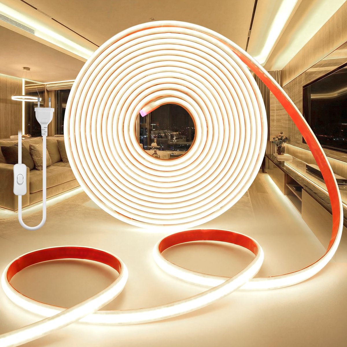 BRIMETI COB LED Strip 5M 220V Natuurlijk Wit 4000K Buiten Waterdicht IP65 Ledstrip 320LEDs/M Zelf Adhesieve Flexibele - ShopVlot