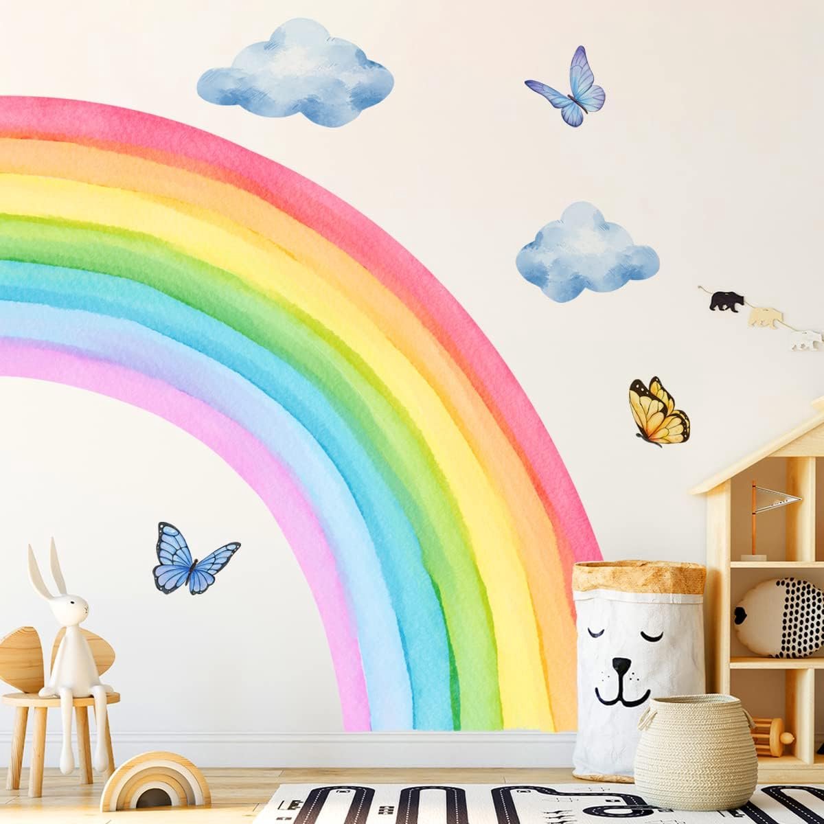 Muurstickers kinderen grote regenboog muursticker wolk vlinder