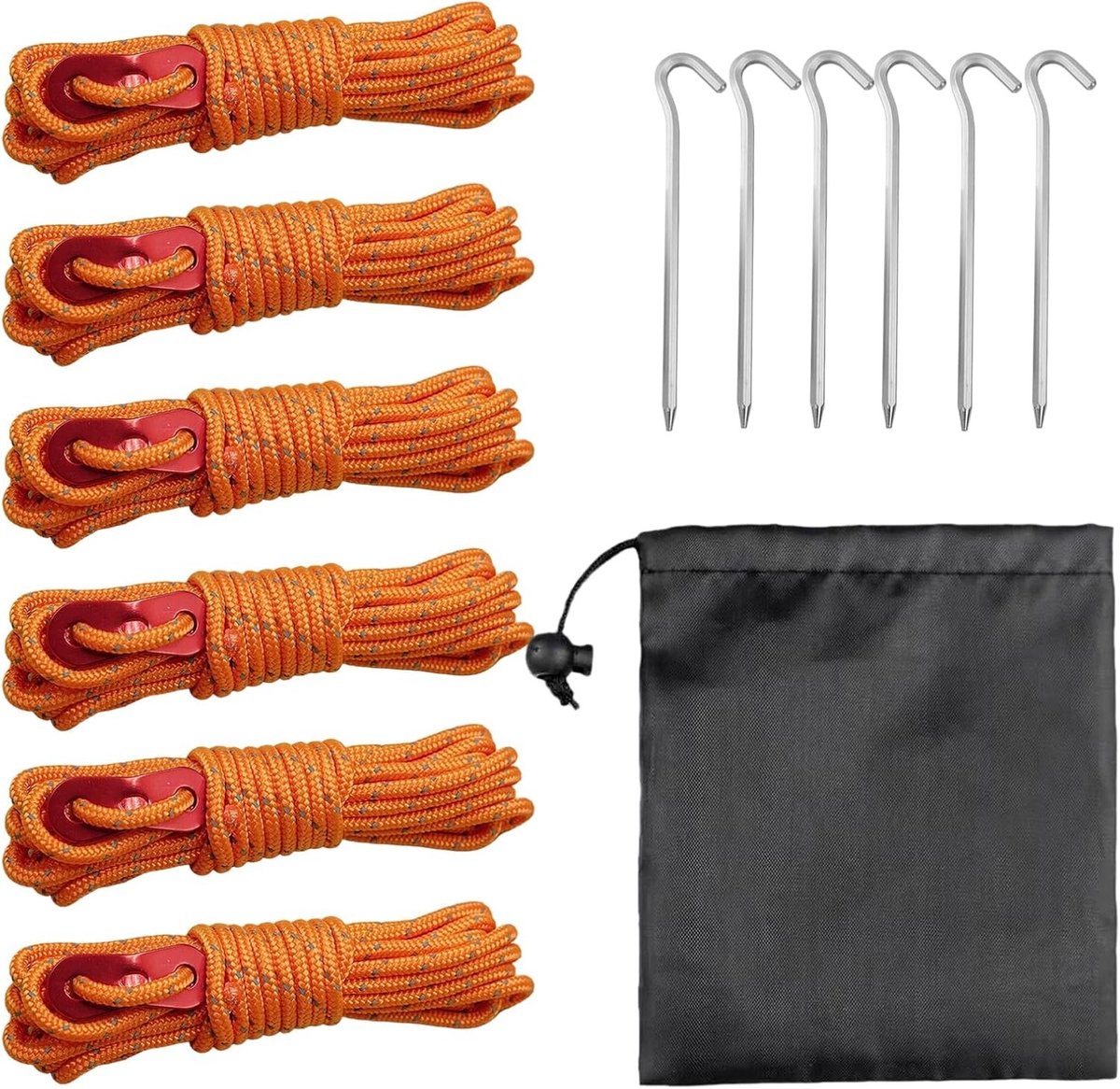 Set van 6 Reflecterende Tenttouwen met Spanners (4mm x 4m) en 6 Aluminium Haringen, Versterkte Lijnen voor Kamperen, Wandelen en Buitenactiviteiten