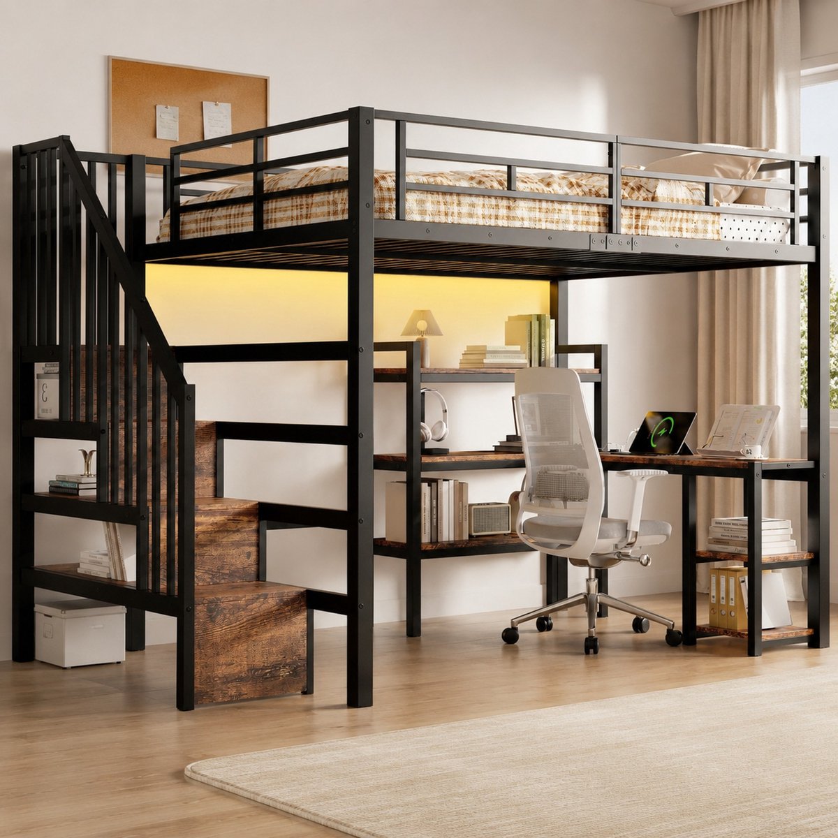Wishdor Hoogslaper 140x200 cm - Met trap en geïntegreerd bureau - Met opbergruimte, LED-verlichting en USB-laadstation - Zwart metalen bed voor slaapkamer