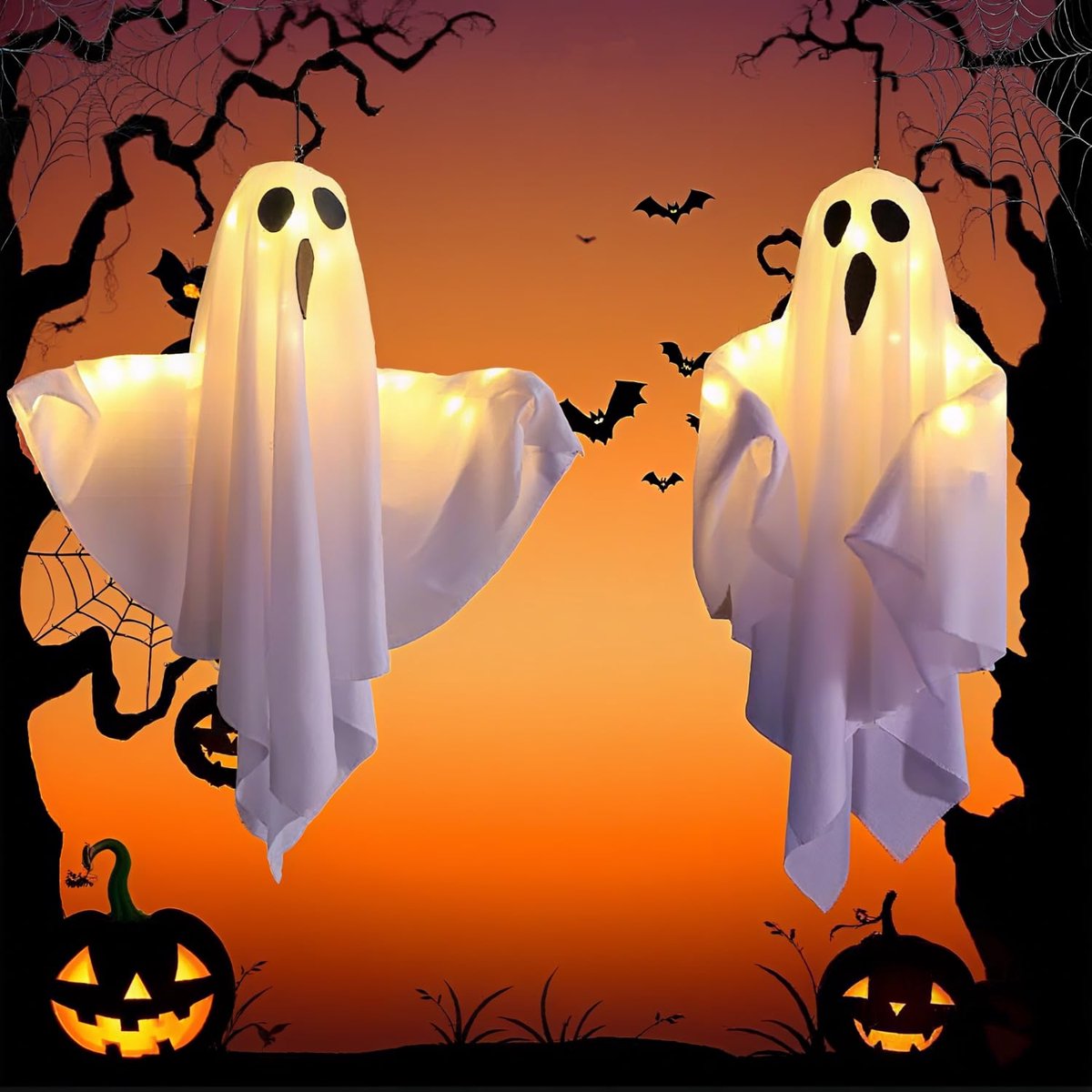 FemKey 2 Stuks Halloween Decoratie Geesten, Halloween Decoratie Hangende Spook LED-verlichting met 3 Verlichtingsmodi - ShopVlot