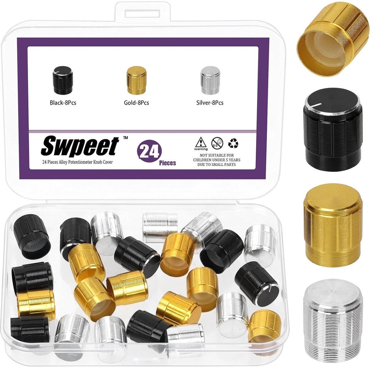24-delige set van 3 kleuren 15 x 17 mm aluminium potentiometer volumeknoppen, 6 mm schacht voor metaalpotentiometers en knurled schachtinvoegen