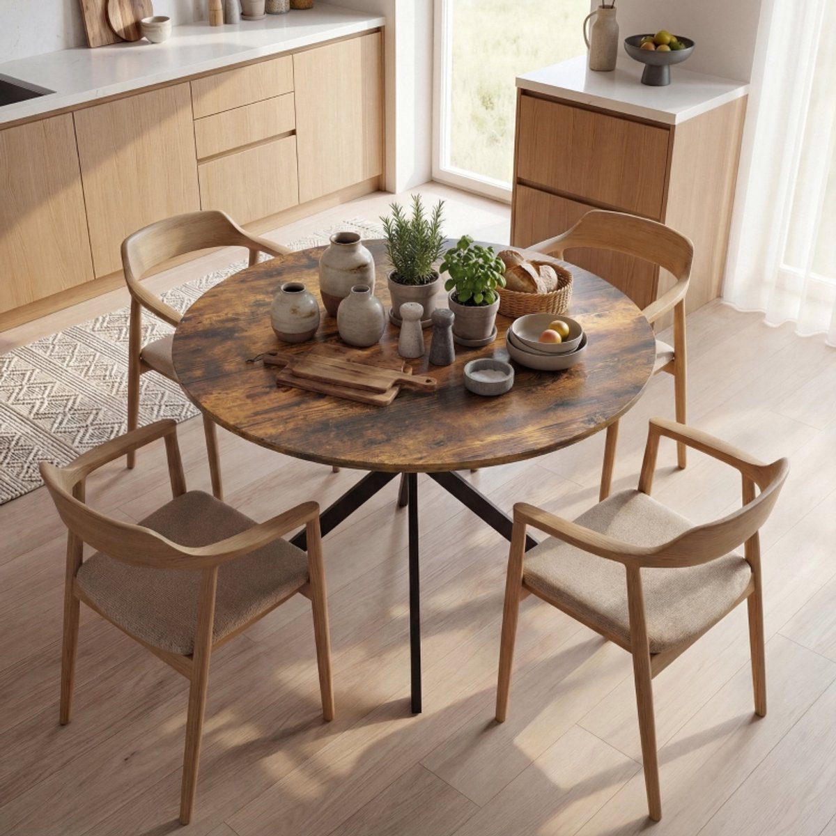 Wishdor Ronde eettafel - Industrieel design met X-vormige stalen poten - Houten blad in rustic brown - 100 cm - Geschikt voor 4 personen - Voor keuken en eetkamer
