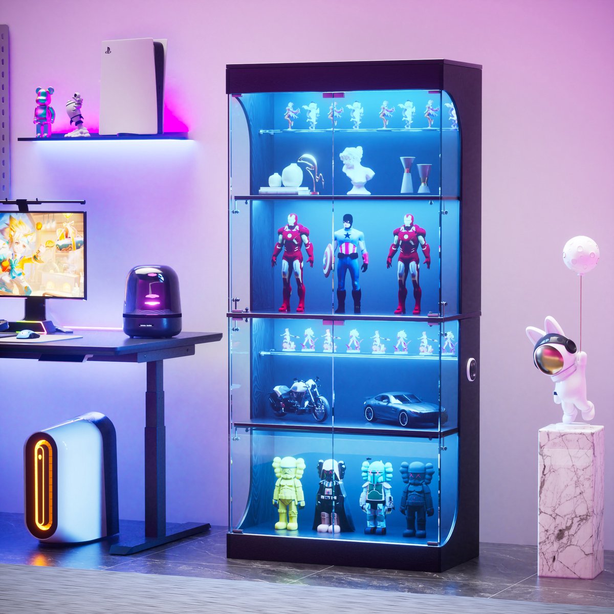 Wishdor Vitrinekast met glazen deuren - LED-verlichting en bewegingssensor - USB en Type-C laadstation - Opbergkast voor woonkamer of slaapkamer - Zwart - 80 x 35 x 165 cm