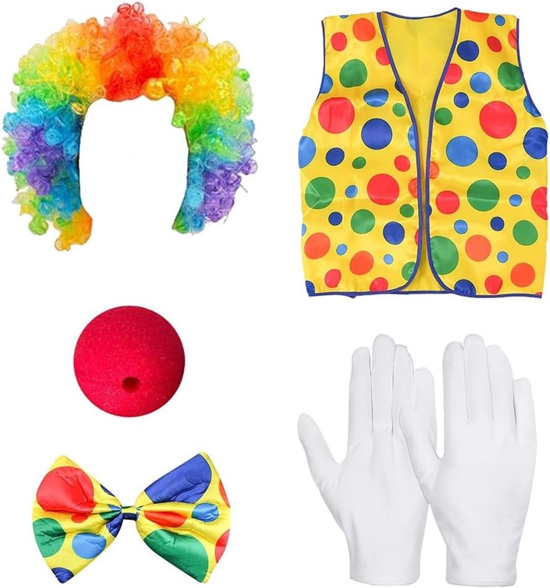 Complete Clown Kostuum Set met Neus, Perücke, Strik en Vest voor Halloween Feest en Verkleedaccessoires