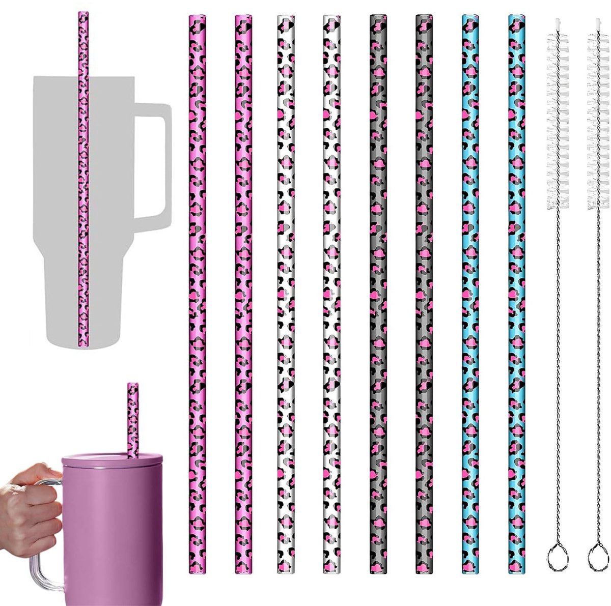 Herbruikbare rietjes - 8 stuks met luipaardpatroon - Lange rietjes - Perfect voor cocktails en feestjes - ShopVlot