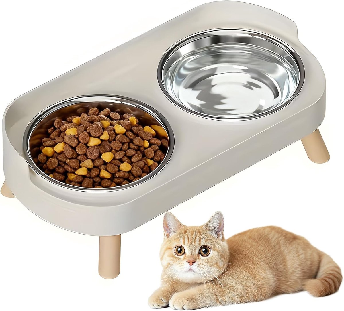 2 Stuks RVS Kattenvoerbak Set - Verhoogde Dubbele Voederbak met Antislip en Spatbescherming, Ideaal voor Voeding en Water voor Katten