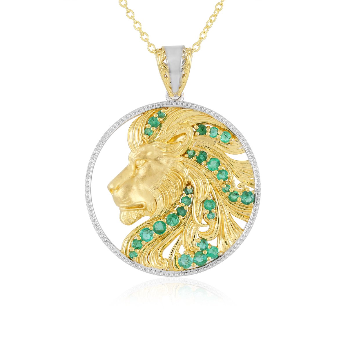 Cavill - Luxe Dames Ketting 925 Sterling Zilver Verguld - 27 Ronde Ghana Smaragden 1,225 ct - Handgemaakte Leeuwen Hanger