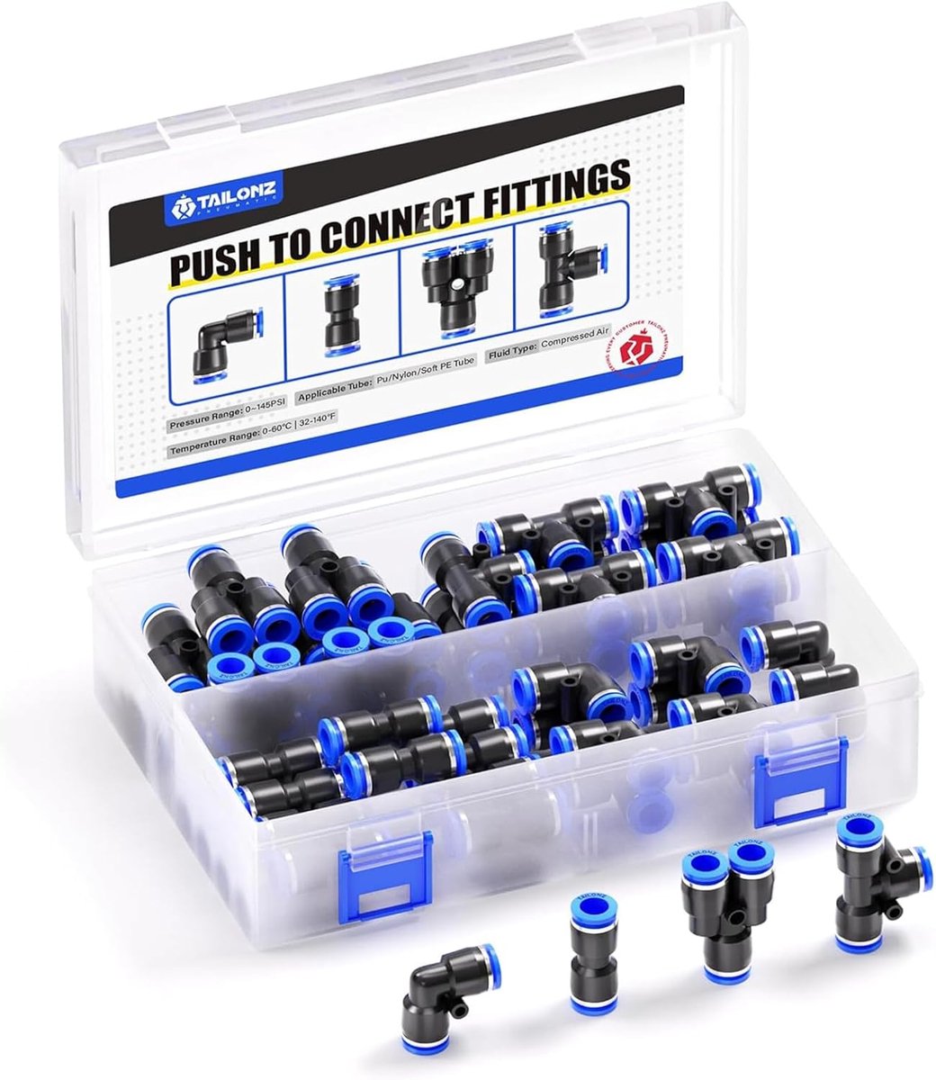 Pneumatische fittingset 6mm OD - 10 splitsen, 10 bochten, 10 T-stukken, 10 recht - voor eenvoudig aansluiten - ShopVlot