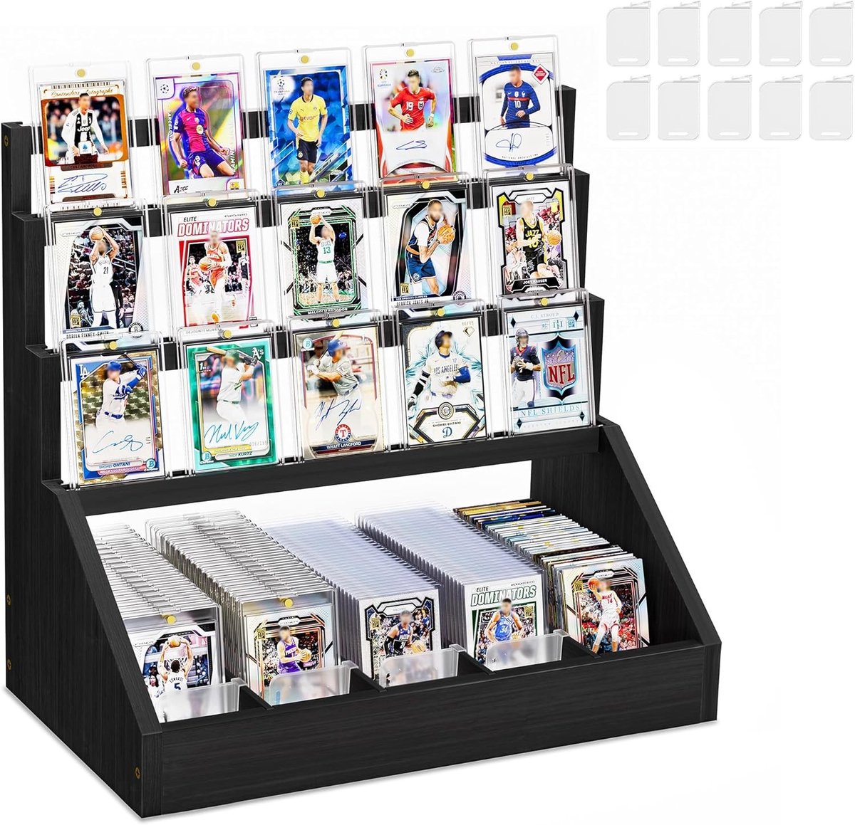 Drie-laagse kaartenhouder voor trading cards, houten opbergcase met 5 rijen en kaartstopper, grote capaciteit voor sport- en voetbalkaarten, gegradeerde kaartopslag voor verzamelingen