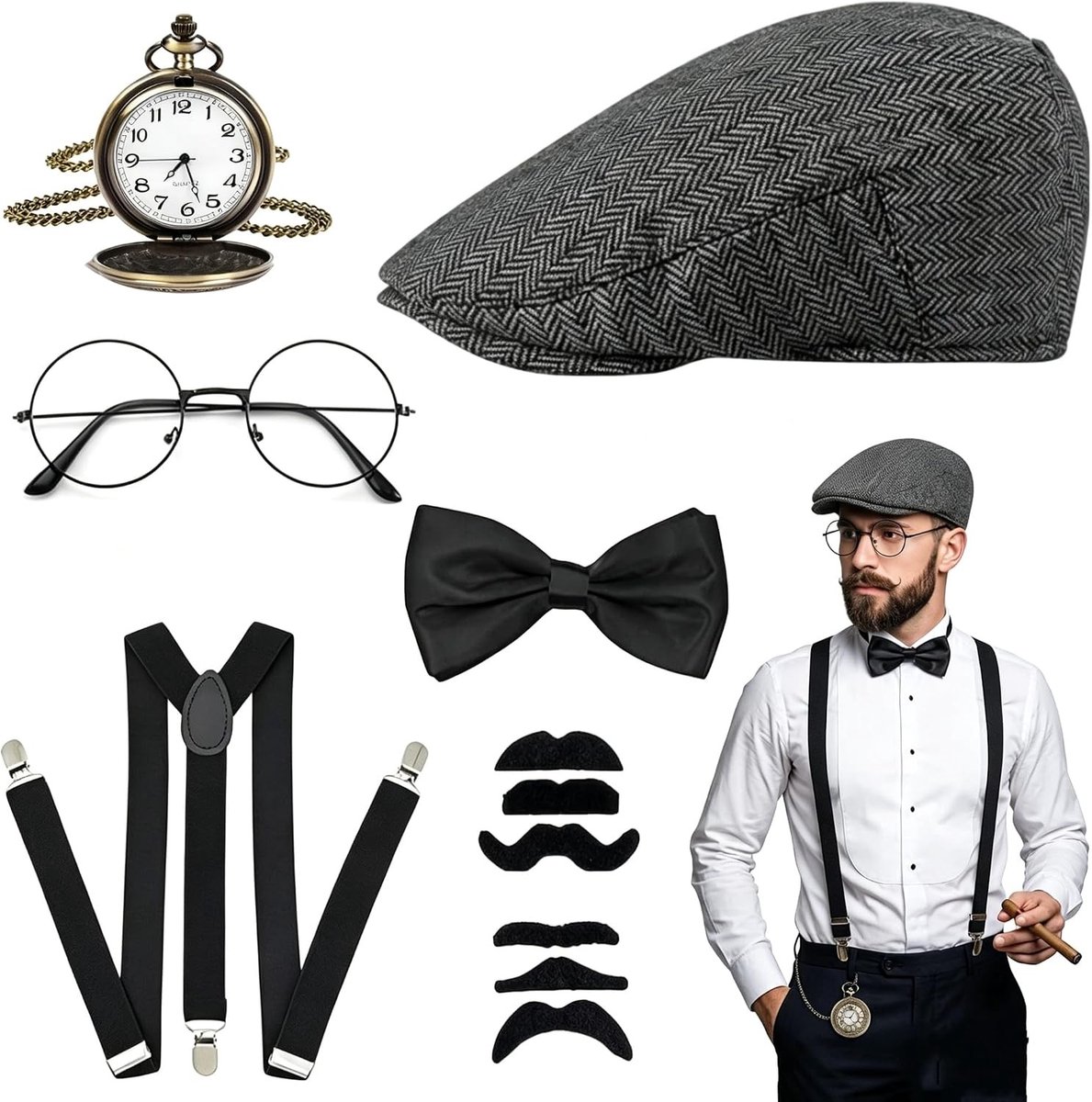 Stijlvol 1920s Kostuum voor Mannen met 7 Stukken, Peaky Blinders Accessoires, Gatsby Outfit, Perfect voor Feestjes en Halloween