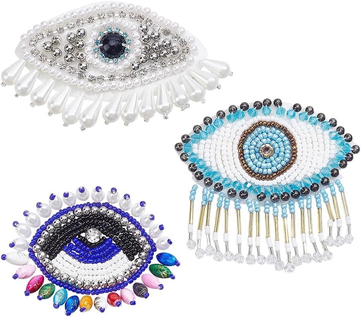 3 Stuks Boze Oog Patches met Strass en Pailletten, Doe-Het-Zelf Applicaties voor Kleding en Accessoires in Gemengde Kleuren