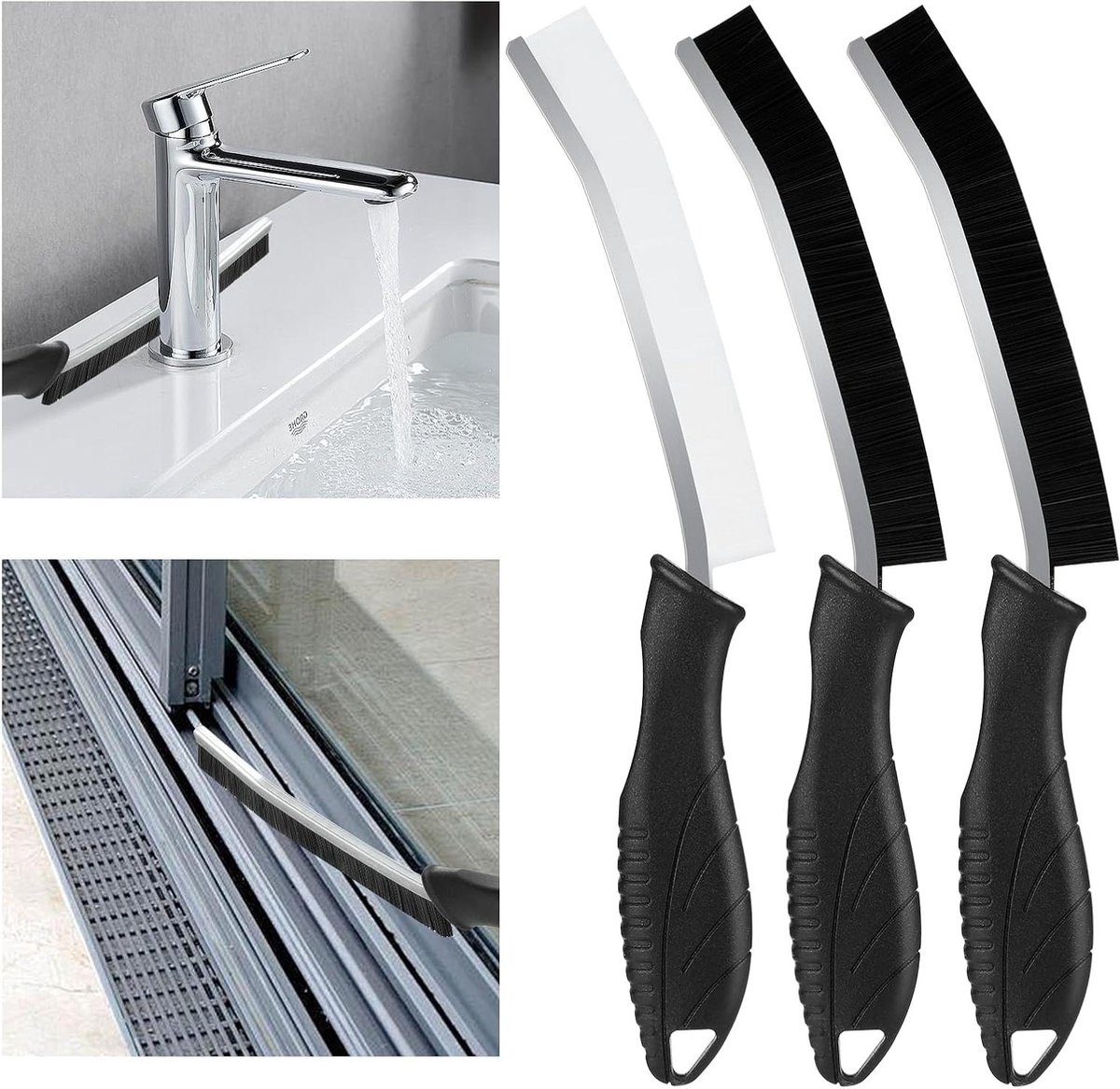 Voegenborstel Set - Reinigingsborstels - Grondig Schoonmaken - Ergonomisch Ontwerp - 3 Stuks - Zwart Wit