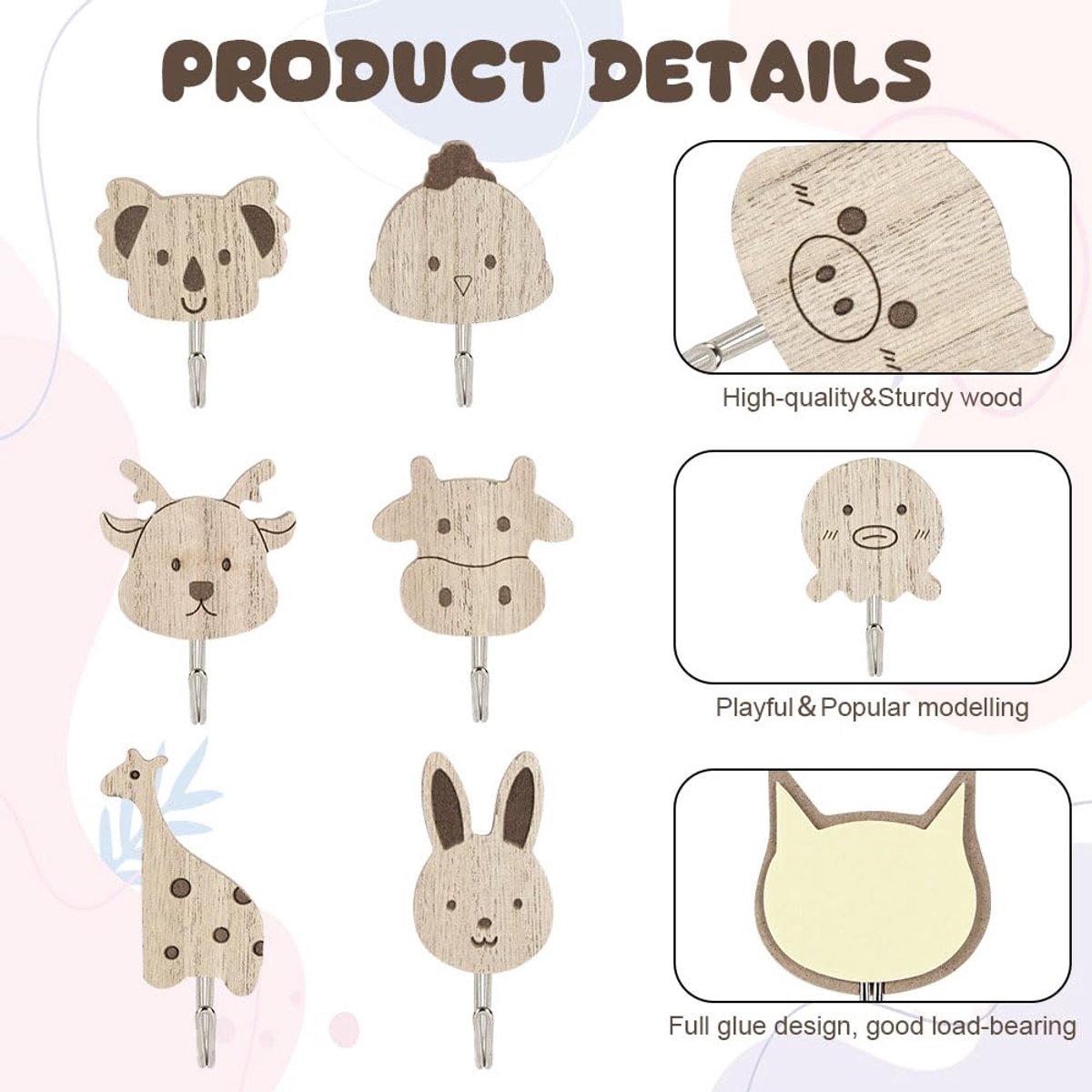 Houten dierenwandhaken 6 stuks - schattige dieren - zelfklevend - decoratie voor kinderkamer - ShopVlot