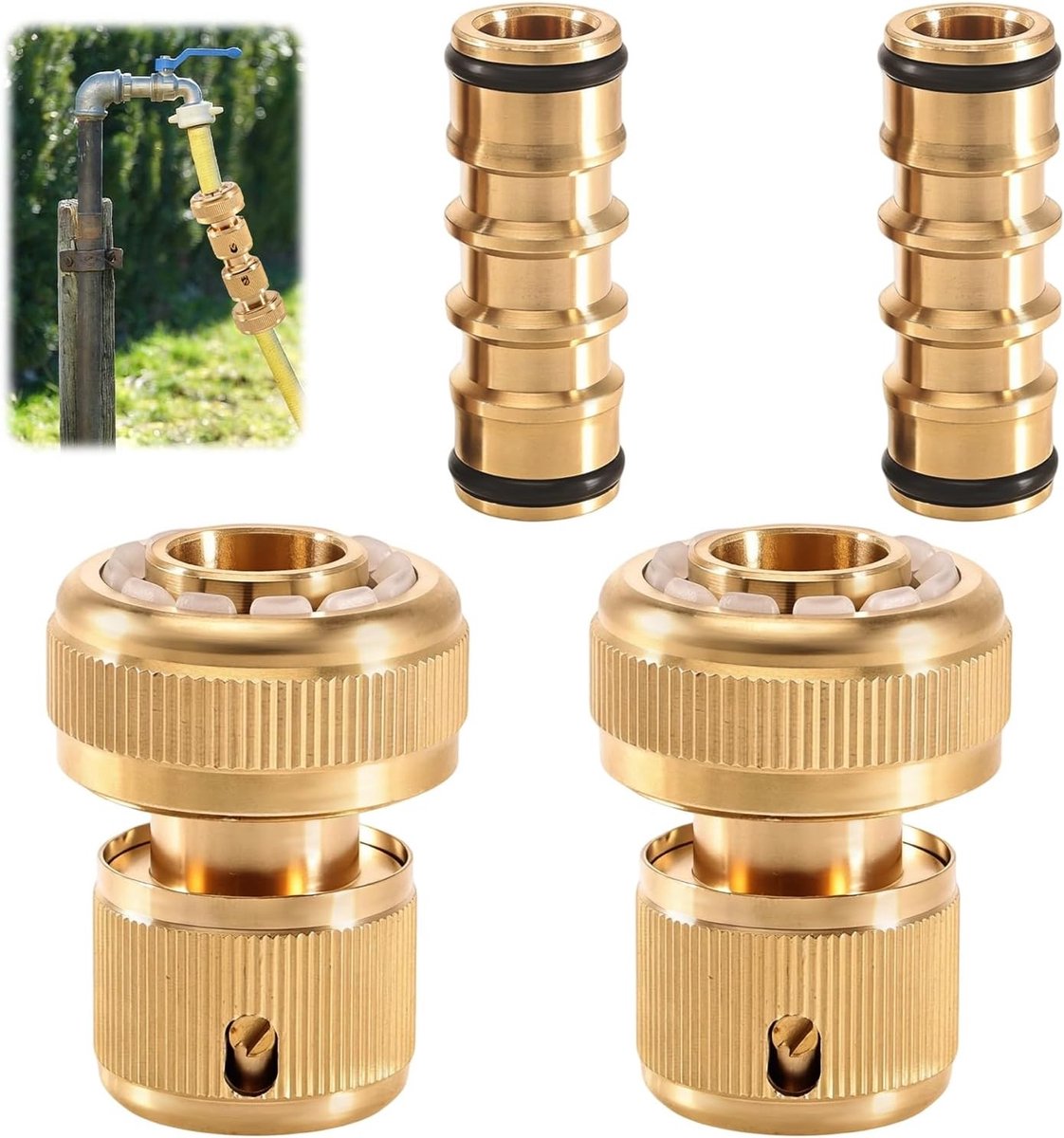 Set van 4 stuks 3/4 inch messing snelkoppelingen - 2 slangkoppelingen + 2 dubbele stekkers, sterke afdichting, robuuste slangverbinder voor tuin, irrigatie en buitengebruik