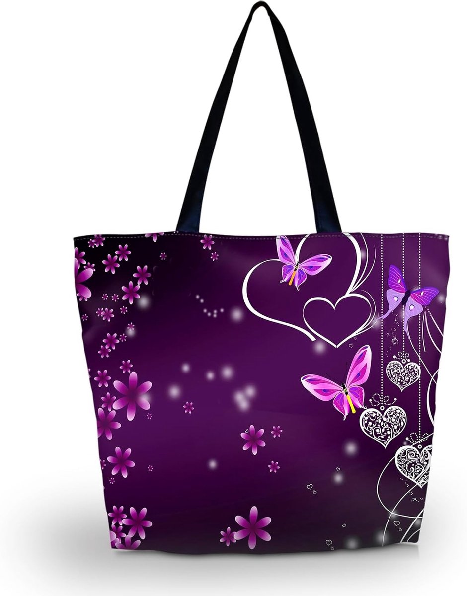 Vouwbare stoffen boodschappentas met rits, bloemenprint voor dames in paars - Perfect voor winkelen en dagelijks gebruik