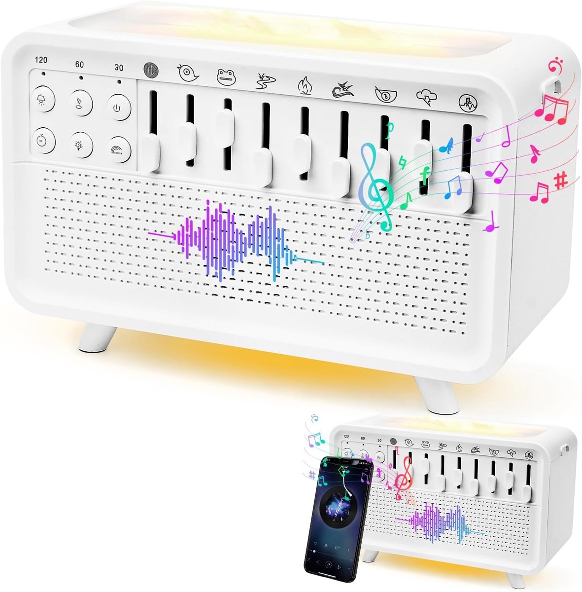 Nachtlamp-luchtbevochtiger met witte ruis, draagbaar, slaap-geluidsmachine voor volwassenen, 4-in-1 bluetooth-luidspreker met 8 omgevingsgeluiden, timer, vlamdiffusers
