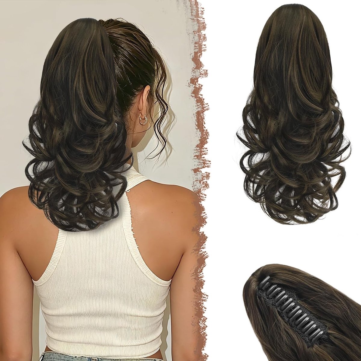 Ponytail Extensions met Claw, 35cm Bruin met Highlights, Krullend en Golvend Synthetisch Haarstuk voor Vrouwen, Ideaal voor Feestjes en Dagelijks Gebruik