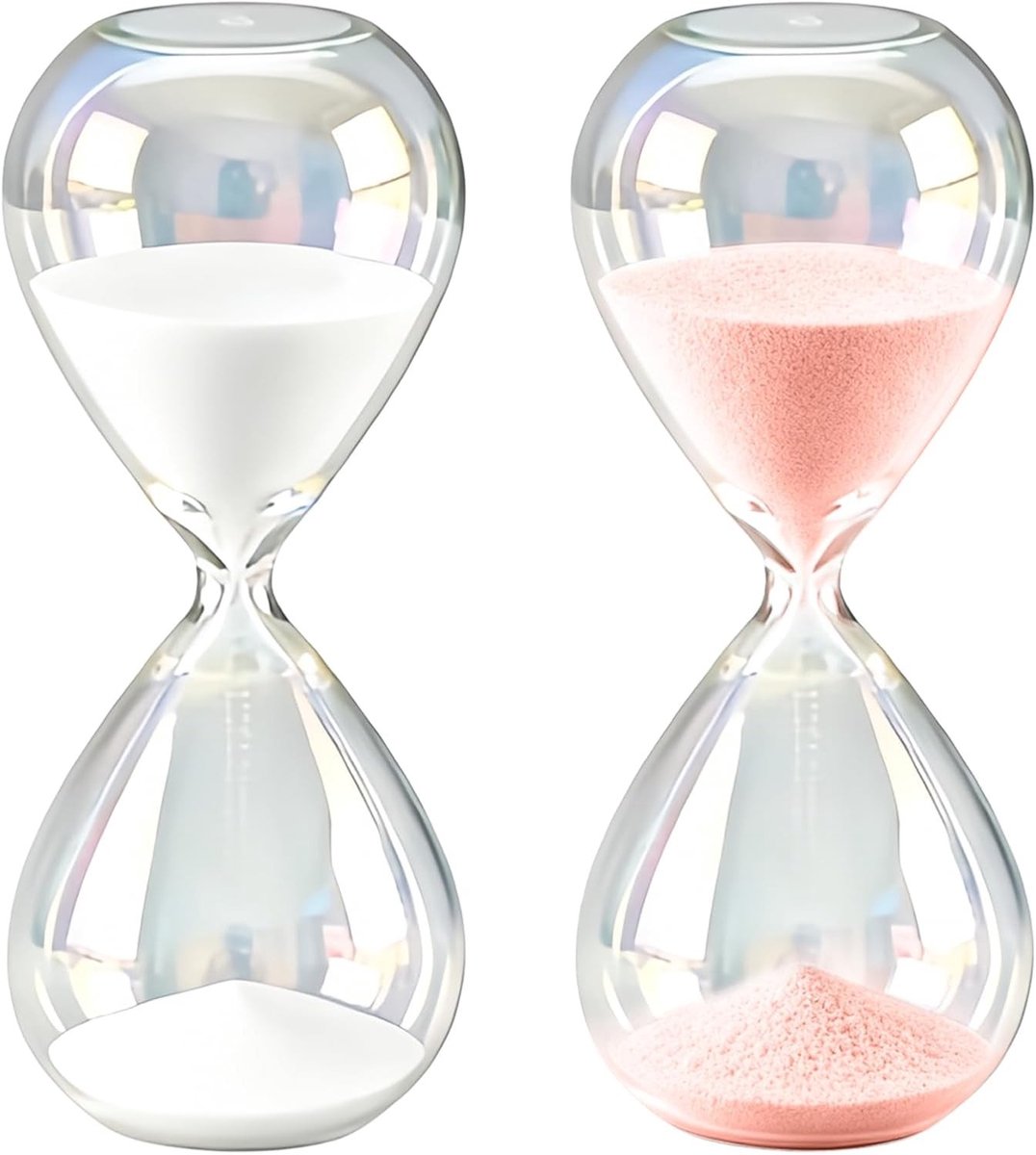 Set van 2 Kleurige Zandlopers, 30 Minuten Uurglas, Decoratieve Borosilicaat Glas Zandglazen voor Thuis en Kantoor, 8 x 8 x 20 cm, Roze en Wit, Tijdbeheer en Interieurdecoratie