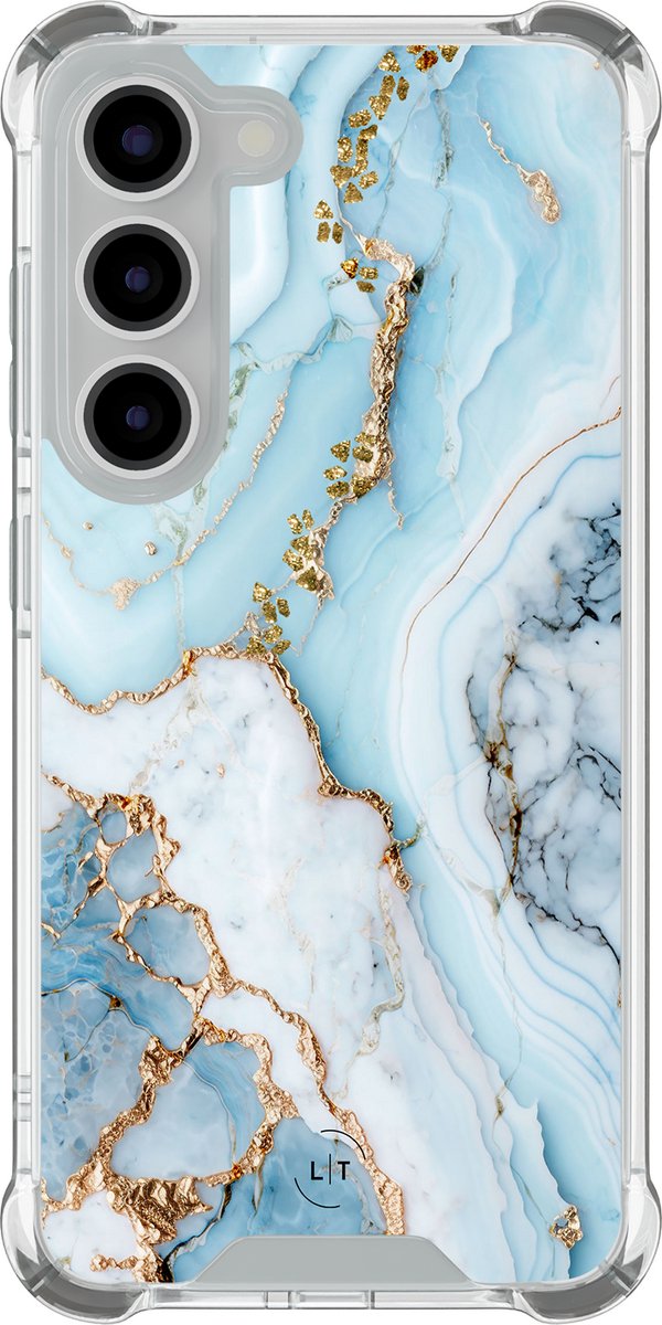 Shockproof hoesje - Geschikt voor Samsung Galaxy S23 - Marmer babyblauw - Extra sterke case - TPU/polycarbonaat - Marmer - Blauw, Transparant