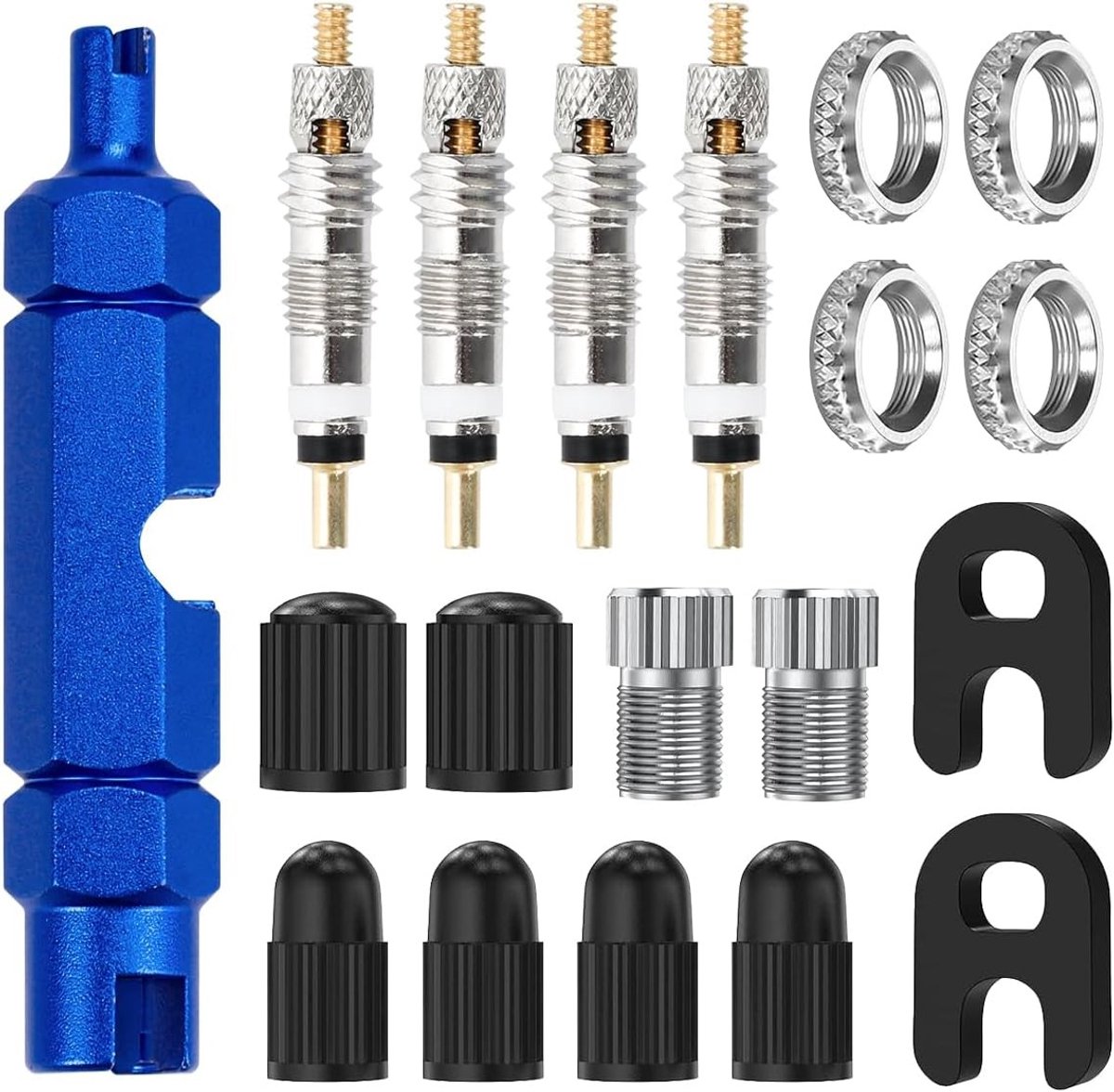 Set van 11 Fietsventiel Adapters, Presta Ventiel Adapter met Ventielkern Verwijderaar, Franse Ventiel Invoeren en Beschermkapjes voor Fietsreparatie en Mountainbikes