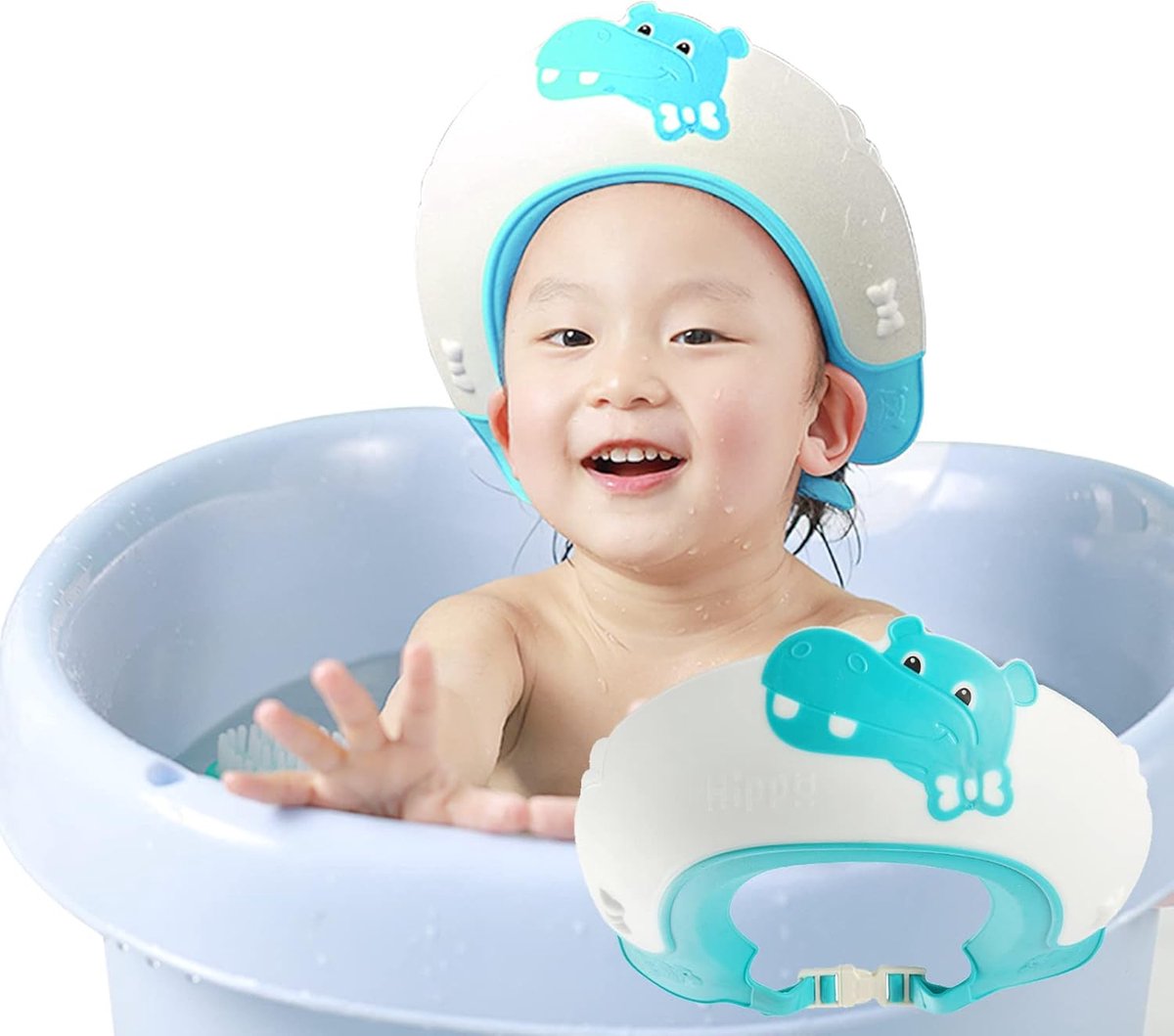 Babydouchemuts verstelbaar - blauw nijlpaard - met oren - beschermt ogen en oren - ShopVlot