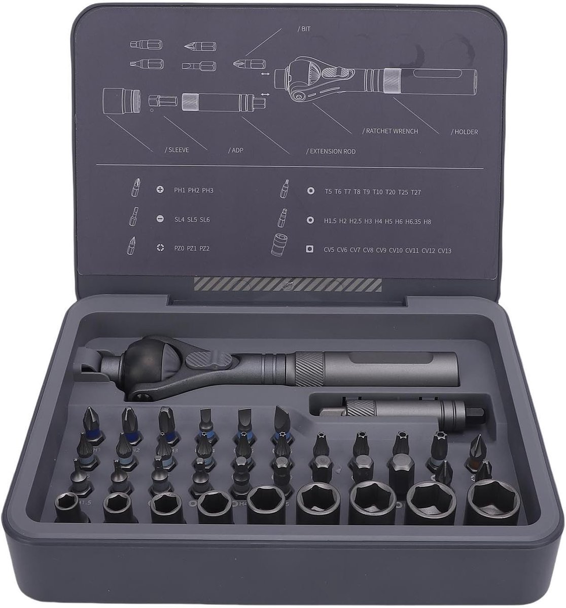 40-in-1 Magnetische Schroevendraaier Set met 45 Tanden, Precisie 180° Universele Ratelschroevendraaier, Inclusief Diverse Bits en Compacte Reparatieset voor Klussen en Onderhoud