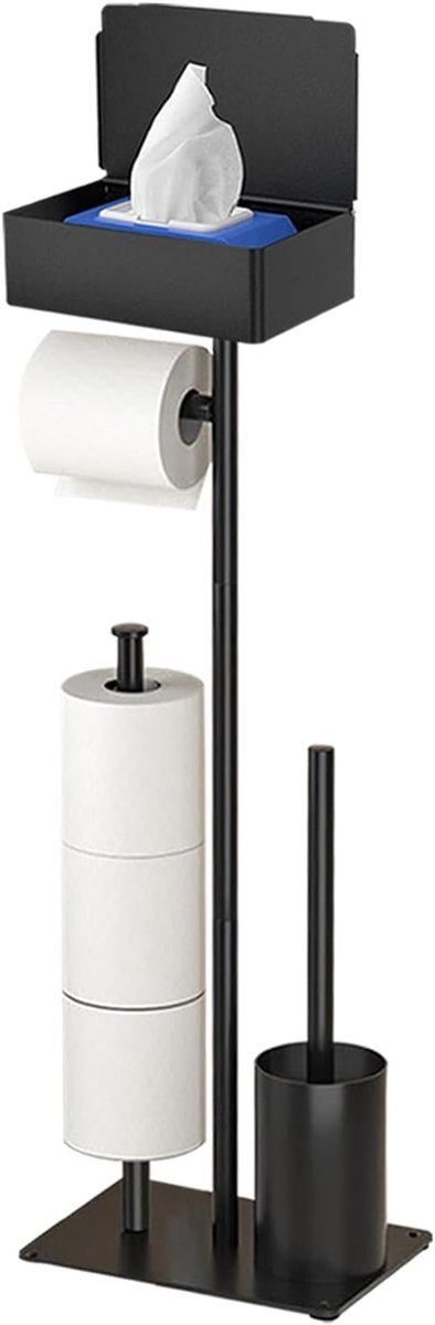 Toiletpapierhouder Staand - WC-borstelhouder - Badkamer Organisatie - Met Doos Vochtig - Opslag 3 Rollen - Zwart