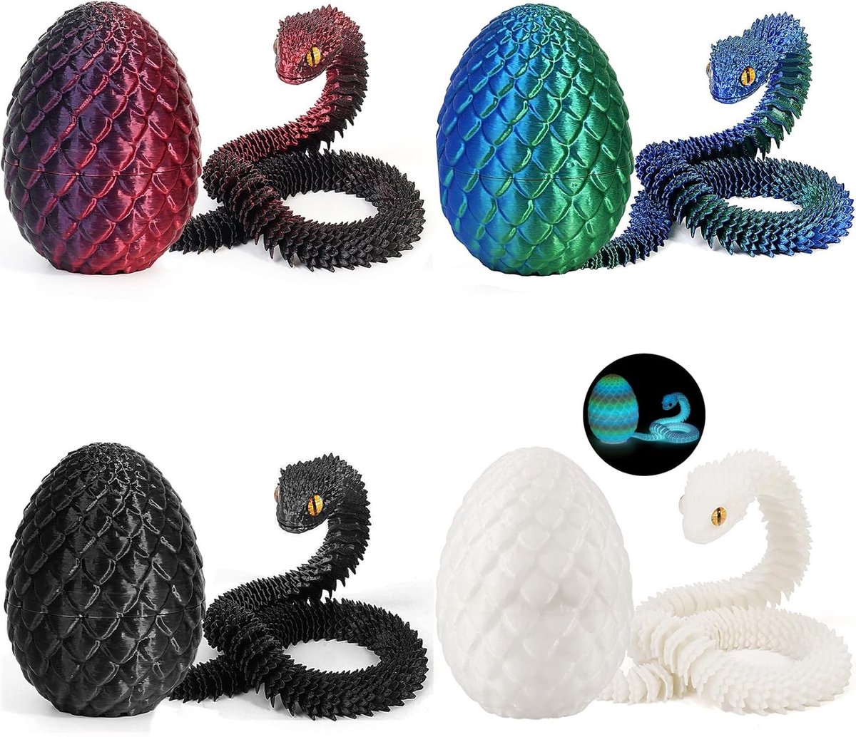 Set van 4 3D Geprinte Slang Speelgoed voor Kinderen - Paasdecoratie, Draak Eieren en Dieren Speelgoed voor Thuis en Cadeaus