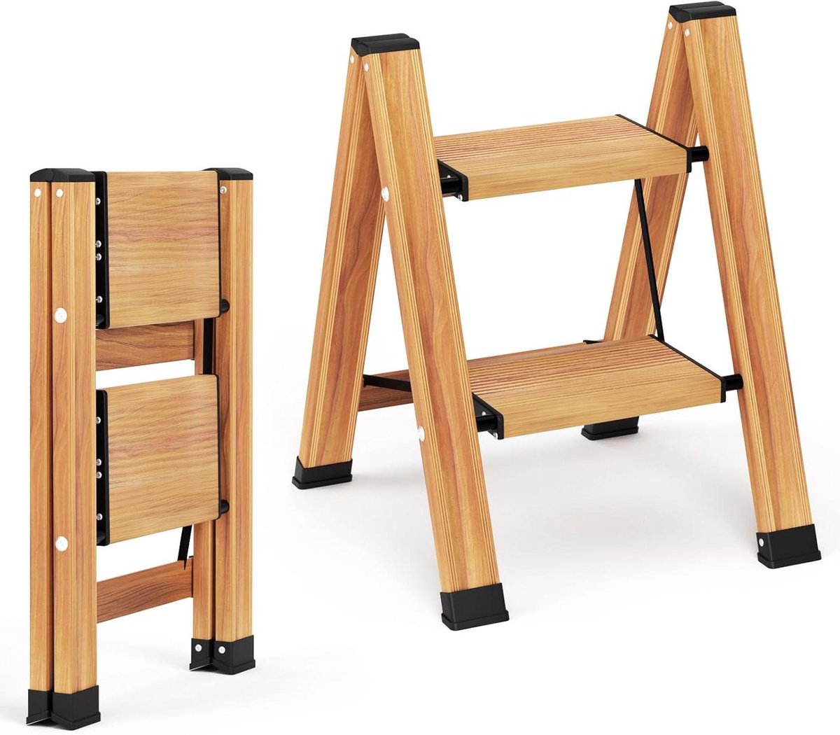 Opvouwbare ladder - Vouw trappen - Klusjes in huis - Houtnerf design - 2 treden - Houtnerf
