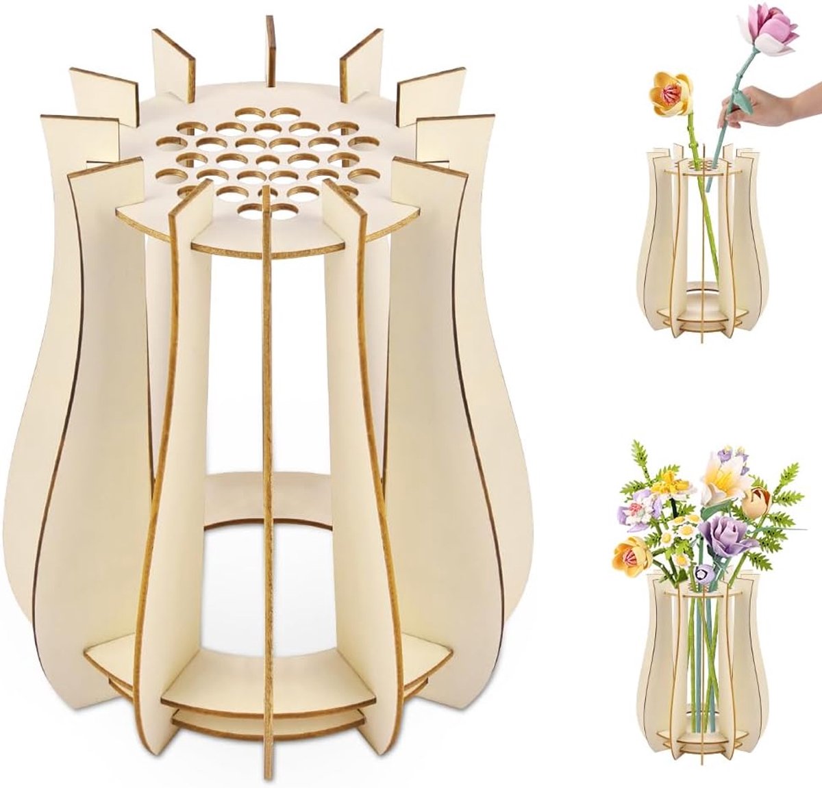 Houten bloemenvaas set - 3D vaas - geschikt voor boeketten - stijlvolle woondecoratie - ShopVlot