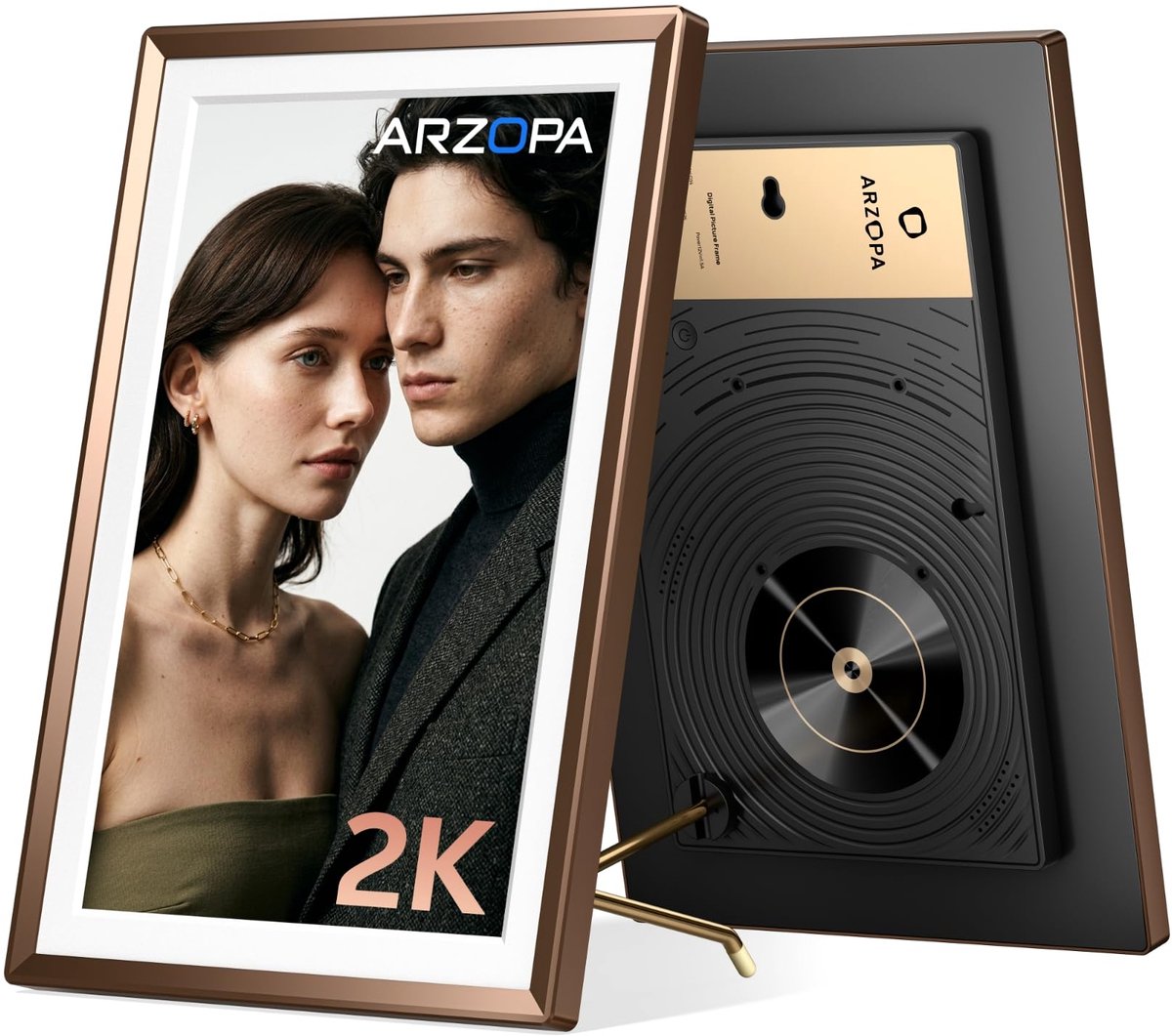 Digitale fotolijst 14" - 2K QHD touchscreen - Mokkabruin metalen frame - Bekijk foto's en video's vanaf je telefoon - ShopVlot
